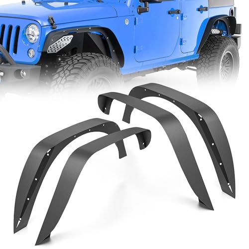 EYOUHZ for JK Flat Style Front and Rear Fender Flares 4-Piece Combo Compatible with 2007-2018 Jeep Wrangler JK JKU Unlimited Heavy Duty Steel Off-Road Wheel Fenders Kit, Textured Black (2/4 Doors)