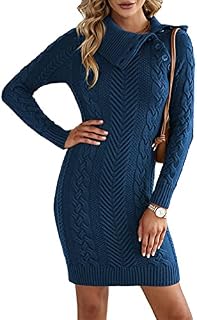AlvaQ Winter Fall Knitted Dress Ladies Long Jumper Turtule Neck Sweater Diagonal Button Dresses Long Sleeves Casual Chuncky Knit Warm Midi Sweater Plus Size Pullover Knitwear,Green UK 18-20