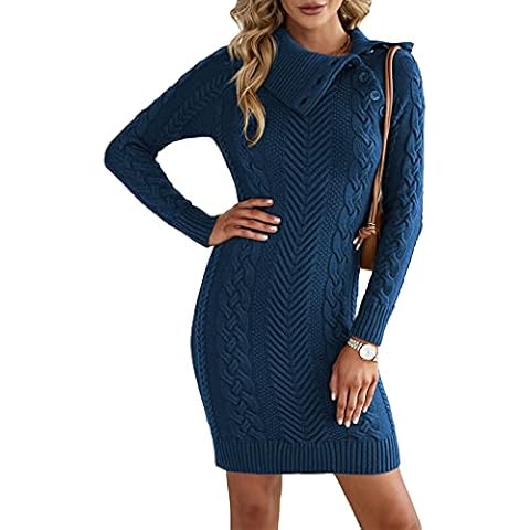 AlvaQ Winter Fall Knitted Dress Ladies Long Jumper Turtule Neck Sweater Diagonal Button Dresses Long Sleeves Casual Chuncky Knit Warm Midi Sweater Plus Size Pullover Knitwear,Green UK 6-8 Cover