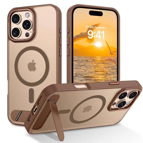 Image of GUAGUA Case for iPhone 16 Pro with Invisible Kickstand, Satin Skin Feel Matte Anti-Scratch, Slim Military-Grade Shockproof Protective Semi-Transparent Cover for iPhone 16 Pro 6.3 inch, Brown