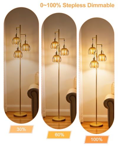 Image of Lightdot 65'' Glass Floor Lamp Dimmable Gold with Brown Lotus Glass Shade & 3000K Bulbs Included 3-Lights Modern Tall Standing Lamp with 5Lbs Heavy Base for Living Room /Bedroom /Sofa /Corner Decor