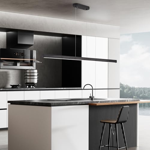 Image of 47 inch Black Linear Pendant Light Wooden Led Linear Pendant Light Fixtures Ceiling Hanging Dimmable Pendant Lights for Dining Room Kitchen Island Pool Table Lights Black Wood Finish