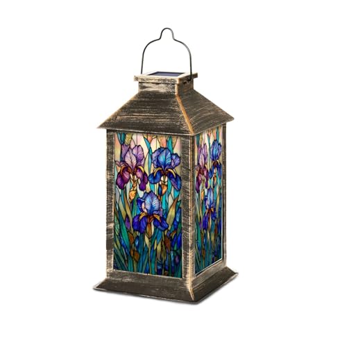 Solar Lantern Stained Glass Iris Flowers Vibrant Purple Blue Tones Garden Hanging Lantern Waterproof Solar Powered Lighting Outdoor Table Lamp for Deck Yard Camping Patio Decor Christmas Gift for Mom