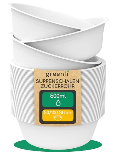 greenli Einweg Suppenschalen 500ml - Nachhaltige Einwegschalen aus Zuckerrohr 50 Suppenteller Einweg (weiß)