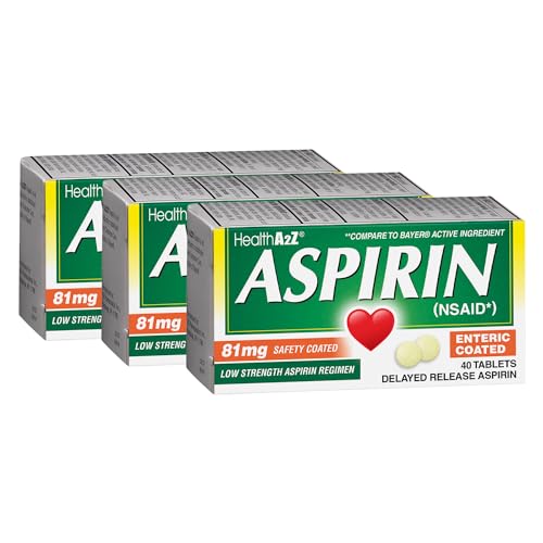 HealthA2Z® Aspirin 81 mg | Low Strength | Enteric Coated | Pain Relief | Reduces Minor Aches Muscle Pain & Cramps | Fever Reducer | Reduces Headache (40 Counts (Pack of 3))