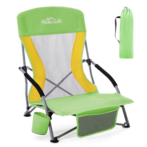 Silla plegable portátil para playa Homcosan - silla ligera para camping para adultos con portavasos y bolsillo de almacenamiento, incluye bolsa de transporte (Verde y amarillo)