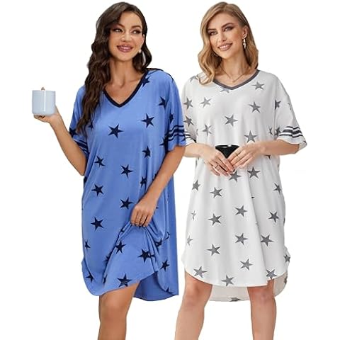 ft FENTENG 2-Pack Nightgowns for Women Sleepwear Loose Short Sleeve Nightdress V Neck Print Sleepshirts Comfy Nightshirt (White+Blue, XL) Cover