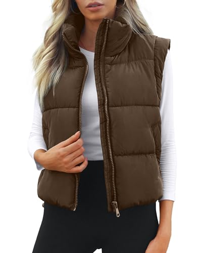 Cityork Women's Puffer Vest Lightweight Sleeveless Winter Outerwear Full Zipper Warm Padded Gilet Jacket Coat with Pockets Brown S