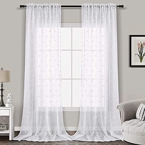 Guken White Textured Pom Pom Sheer Curtains 84 Inches Long 2 Panel Set Rod Pocket Boho White Curtains For Living Room Country Rustic Farmhouse Bedroom Window Curtain Panles 52X84 Length #TOP1
