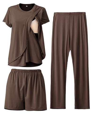 Rnxrbb 3 Piece Postpartum Nursing Pajamas Set Double Layer Maternity