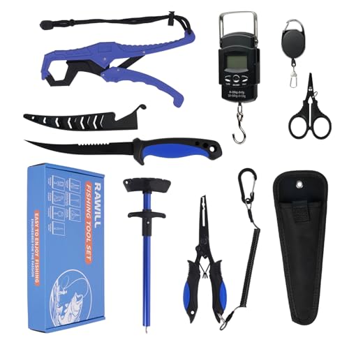Fishing Accessories Kit for Men, Fishing Gear Set with Fillet Knife, Hook Remover, Fish Grip, Line Cutter, Scale, Pliers with Lanyard, Saltwater & Ice Fishing Equipment, Blue, No Batteries Included