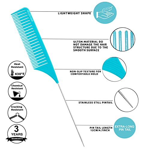 Vellen Hair Ultimate Highlight Comb Set Heat Resistant, Pei Material 430°F Heat Resistant,Professional Highlighting Combs For Hair Dye, Balayage Comb With Extra Long Pintail For Babylight Chunky Highlight - 5 Sizes (Mint) #TOP3