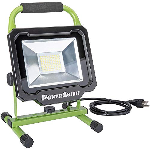 PowerSmith PWL150S 5000 Lumen LED Weatherproof Tiltable Work Light with Adjustable Metal Stand and Carrying Handle, Impact-Resistant Glass Lens, and 5' Power Cord