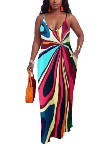 PerZeal Women Vintage Print Maxi Dress V Neck Flowy Vacation Dress XXX-Large
