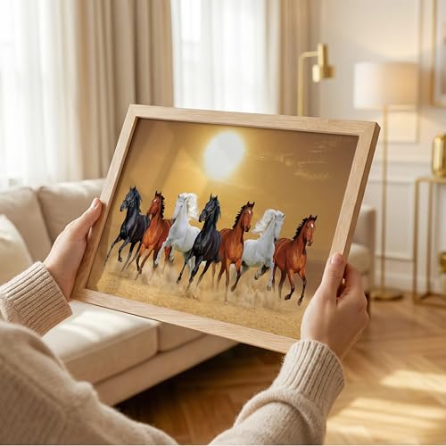 Image of Suneree 7 Horse Vastu Wall Painting - Running Horses Golden Desert Landscape Framed Wall Art for Living Room & Office Decor (Natural, Design 13, 13x19 Inch)