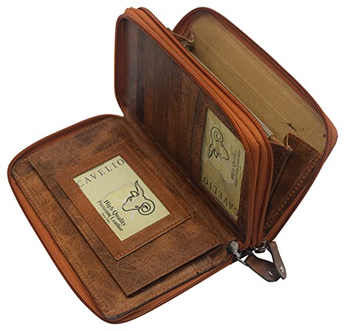 Women RFID Blocking Wallet Leather Zip Around Phone Clutch Large Travel Purse (Tan)