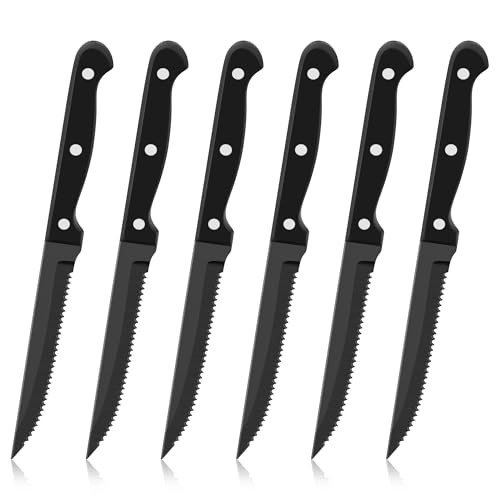 Herogo Steak Knives Set of 6 Stainless Steel Kitchen Knife Set with Ergonomic Handle Dinner Black Steak Knife with Sharp Serrated Edge Rustproof & Stain Resistant Dishwasher Safe