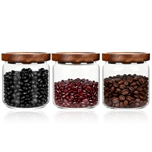 500ml Glass Storage Jars with Airtight Wood Lids Stackable Fluted Food Containers for Pasta Coffee Beans Grains Flour Clear Food Storage Canister for Home & Kitchen,Set of 3