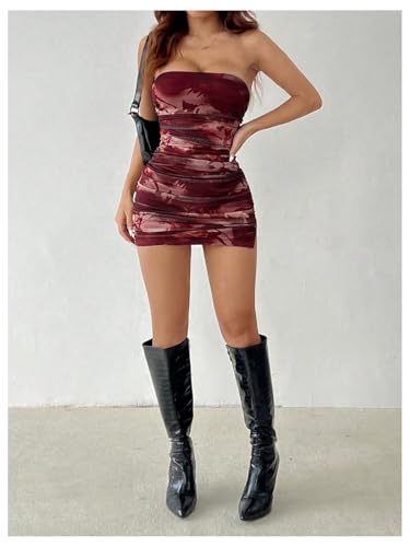 Milumia Women's Floral Print Strapless Bodycon Mini Dress Mesh Ruched Tube Top Dresses4