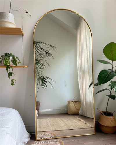 Full Length Mirror, 71"x28" Arched Floor Mirror Freestanding, Floor Standing Full Body Mirror with Stand for Bedroom, Hanging Mounted for Living Room Cloakroom, Gold