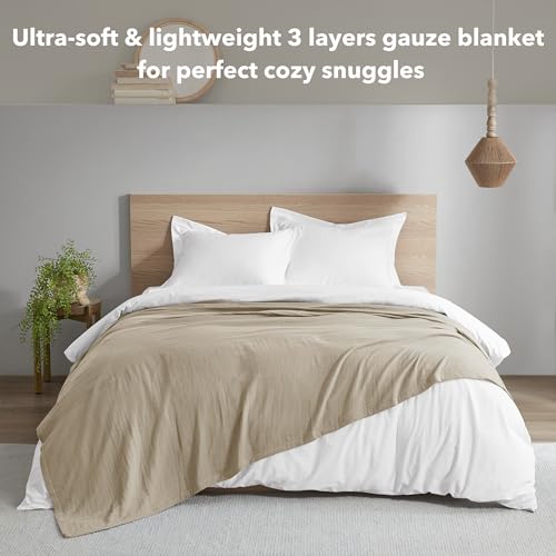 Image of Madison Park Gauze Cotton Queen Blanket Lightweight for Summer, Tan | Ultra Soft, Breathable Fabric for Sofa, Couch, Farmhouse, OEKO-TEX Certified, Cozy & Lofty for Bed Cover