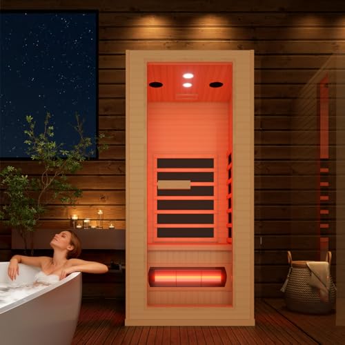 BNEHS 1 Person Infrared Sauna, Full Spectrum Roomy Sauna for Home, Indoor Dry Sauna with Rapid Heating 4 Carbon Panels&1 Carbon Tube, Bluetooth and 7 Color Therapy Lights, 110V