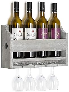 NEX Wall Mounted Wine Rack, Wood Bottle & Glass Holder, Holds 4 Bottles