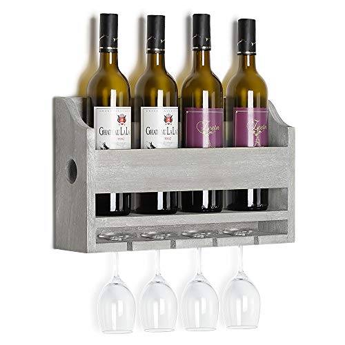 NEX Wall Mounted Wine Rack Wood Bottle Glass Holder Holds 4 Bottles 4 Glasses Rustic