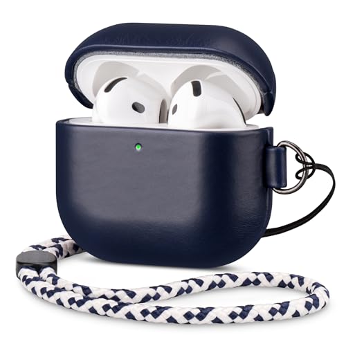 Étui AirPods 4 anti-perte en cuir bleu avec dragonne et clip de fixation Maogoam