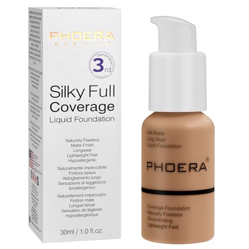 PHOERA Base, PHOERA Base líquida mate, Maquillaje PHOERA para mujeres, Corrector de cobertura total de base PHOERA, Corrector de control de aceite mate las 24 horas (106 - Warm Sun)