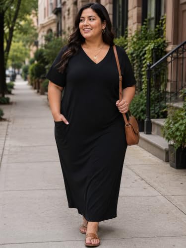Image of PinkPatty Women's Plus Size Short Sleeve Maxi Dress Casual Loose V Neck Long Dress with Pockets