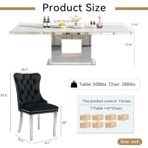 Image of 11-Piece Extendable Dining Table Set for 10, Modern 63 inch-94 inch White Faux Marble Expandable Kitchen Table Set with 10 Velvet Chairs,Large Extendable Dining Room Tables w /Mirrored U-Shape Base
