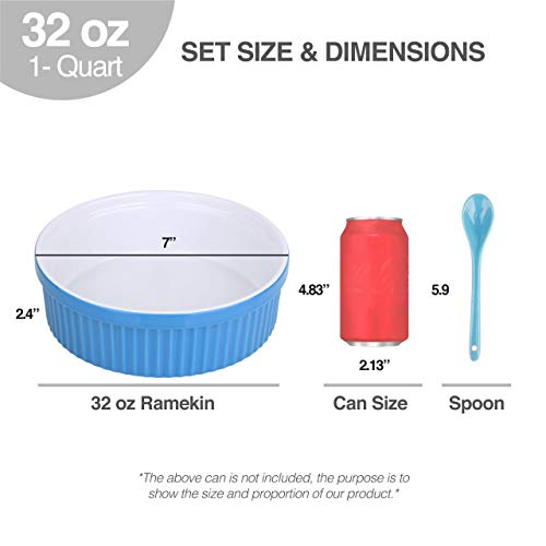 Souffle Dish Ramekins for Baking – 32 Oz, 1 Quart Large Ceramic Oven Safe Round Fluted Bowl with Mini Condiment Spoon for Soufflé Pot Pie Casserole Pasta Roasted Vegetables Baked Desserts (Blue Set)