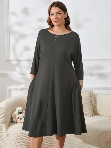 Image of AusLook Women's Plus Midi Dresses Crew Neck A Line 3 /4 Sleeves Casual Elegant Loose Wedding Vacation Dress with Pockets
