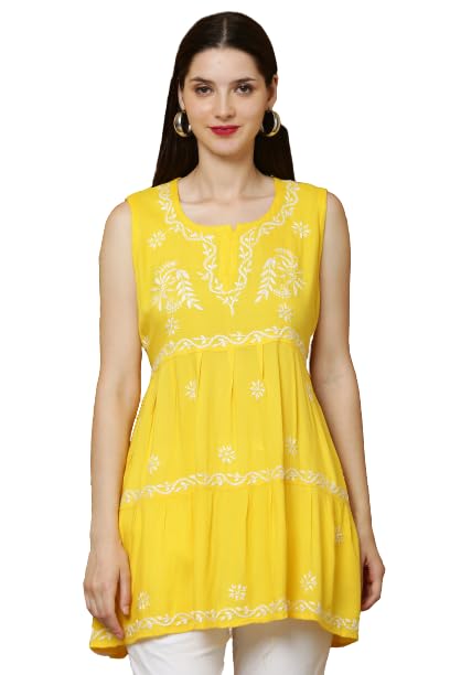 Image of FAWOMENT Women's Ethnic Fashionable Stylish Rayon Sleeveless 2 Layer Short Top With Fine Hand Embroidered Chikankari
