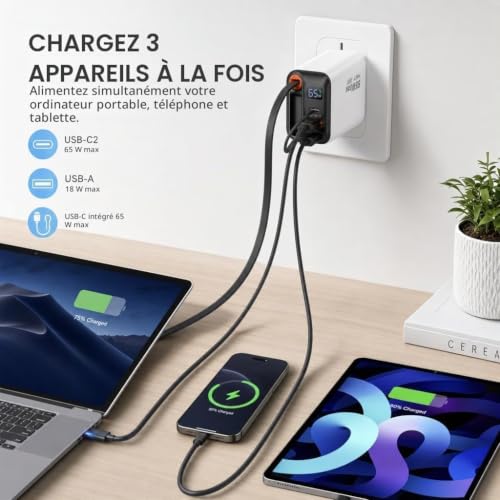 65W GaN Rapide Chargeur Rétractable 65cm Câble, 3 Ports avec Écran LED – vue 8