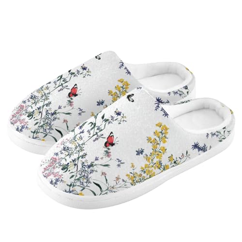 JUNZAN Chic Thyme Flowers White Womens Cotton Slippers Breathable Memory Foam Guest Slippers for Hotel Birthday Presents 6-74