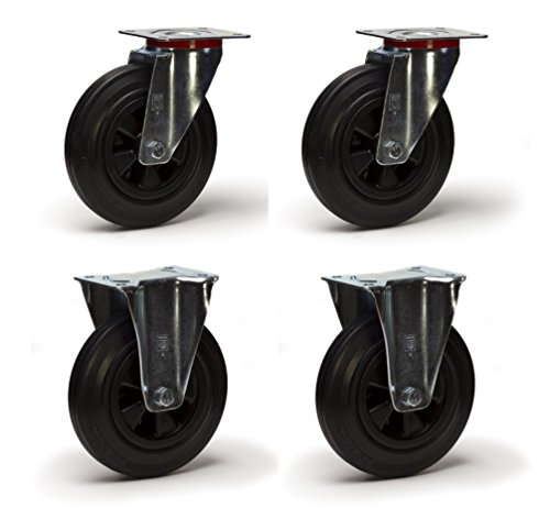 Lot de 4 roulettes pivotantes et fixes caoutchouc noir 125 mm - 300 kg