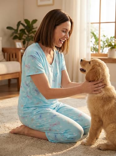 Image of CHUNG Women Cotton Pajama Sets Sleepwear pjs Short Sleeve Shirt Capri Length Crop Pants Cute Vivid Print