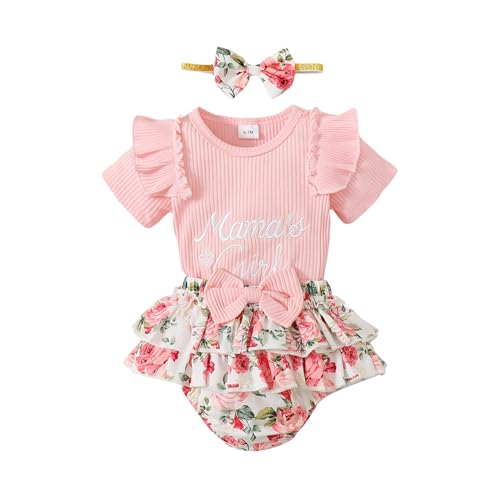Image of Tsnbre Newborn Infant Baby Girl Clothes Summer Outfit Flower Rib Knit Ruffle Short Sleeve Romper Shorts Headband