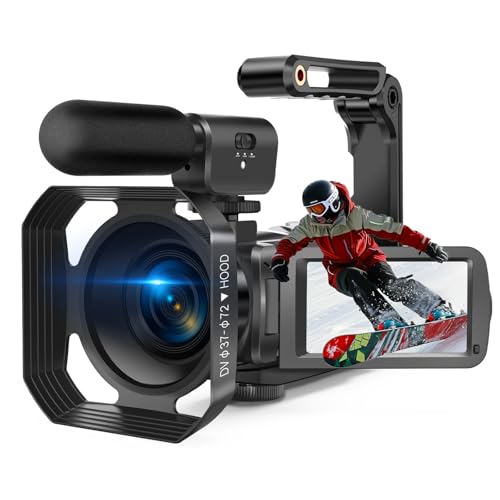 4K Video Camera Camcorder Kit, 56MP 18X Digital Zoom 3.0″ IPS Touch Screen Handheld Digital Camcorder, 270° Rotation IR Night Vision Vlogging Camera for YouTube (Microphones/Handheld Stand/Hood)