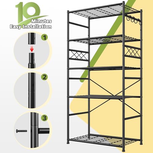 Image of DurayLoly Storage Shelves 5 Tier Capacity,Metaling Shelving with Hooks,Heavy Duty Garage Shelves Unit with Leveling Feet,Wire Shelving for Pantry,Kitchen and Closet,23.6 inch W x 13.8 inch D x 72.4 inch H,500lbs