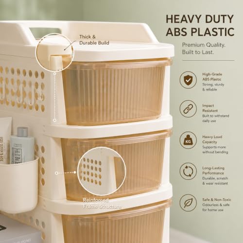 Image of 5 Tier Plastic Storage Drawer Cabinet with Side Basket /Hooks /Integrated Handle & Smooth Wheels | Modular System Rack for Storage in Home | Ivory & Golden