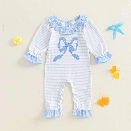Seyurigaoka Newborn Baby Girl Fall Clothes Bow Striped Smocked Romper Long Sleeve Ruffle One Piece Going Home Outfits4