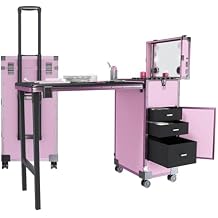 Pink Rolling Portable Manicure Table with 3 Drawers, Foldable Nail Desk with LED Mirror & Bluetooth Speaker, Lockable Travel Case on Wheels for Nail Tech Salon Makeup Pink+Black