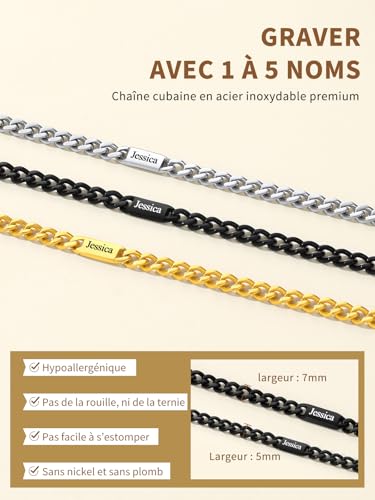 FindChic 7mm Chaine pour homme noir cubaine avec Prénom Personnalisable acier inoxydable 45cm court bijoux cadeau pour homme garçon – vue 6