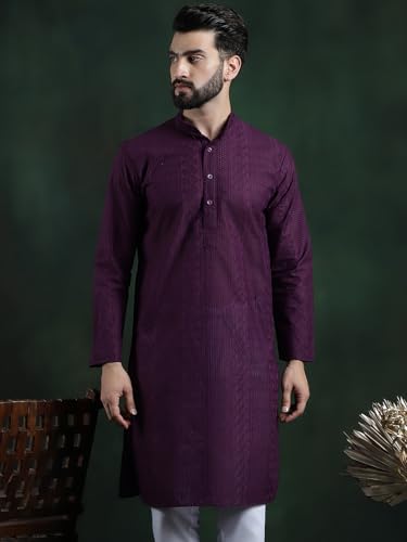Image of SOJANYA (Since 1958 Men's Pure Cotton Checked Embroidered Long Kurta | Traditional for Diwali Celebrations