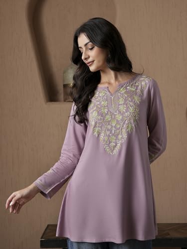 Image of QAZMI Women's Aari Embroidered Viscose Rayon A-Line Flared Short Kurti