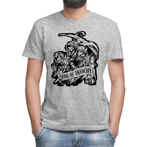 Anarchy Sons American Drama Series Black White Drawing Camiseta Gris Clásica de Hombre con Cuello Redondo y Manga Corta X-Large