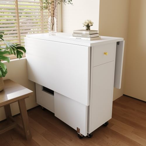 Carrello da cucina pieghevole per 2-4 persone, piano di lavoro mobile con cassetti, vano portaoggetti, carrello da servizio per cucina, MDF bianco, 120 x 75 x 75 cm